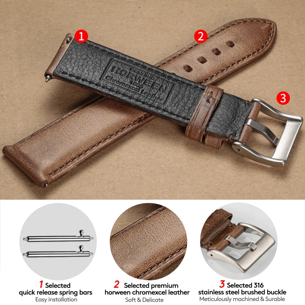 Hemsut Cowhide Leather Watch Bands Quick Release Handmade HORWEEN 100%Genuine Leather Wrist Straps 18mm 19mm 20mm 21mm 22mm