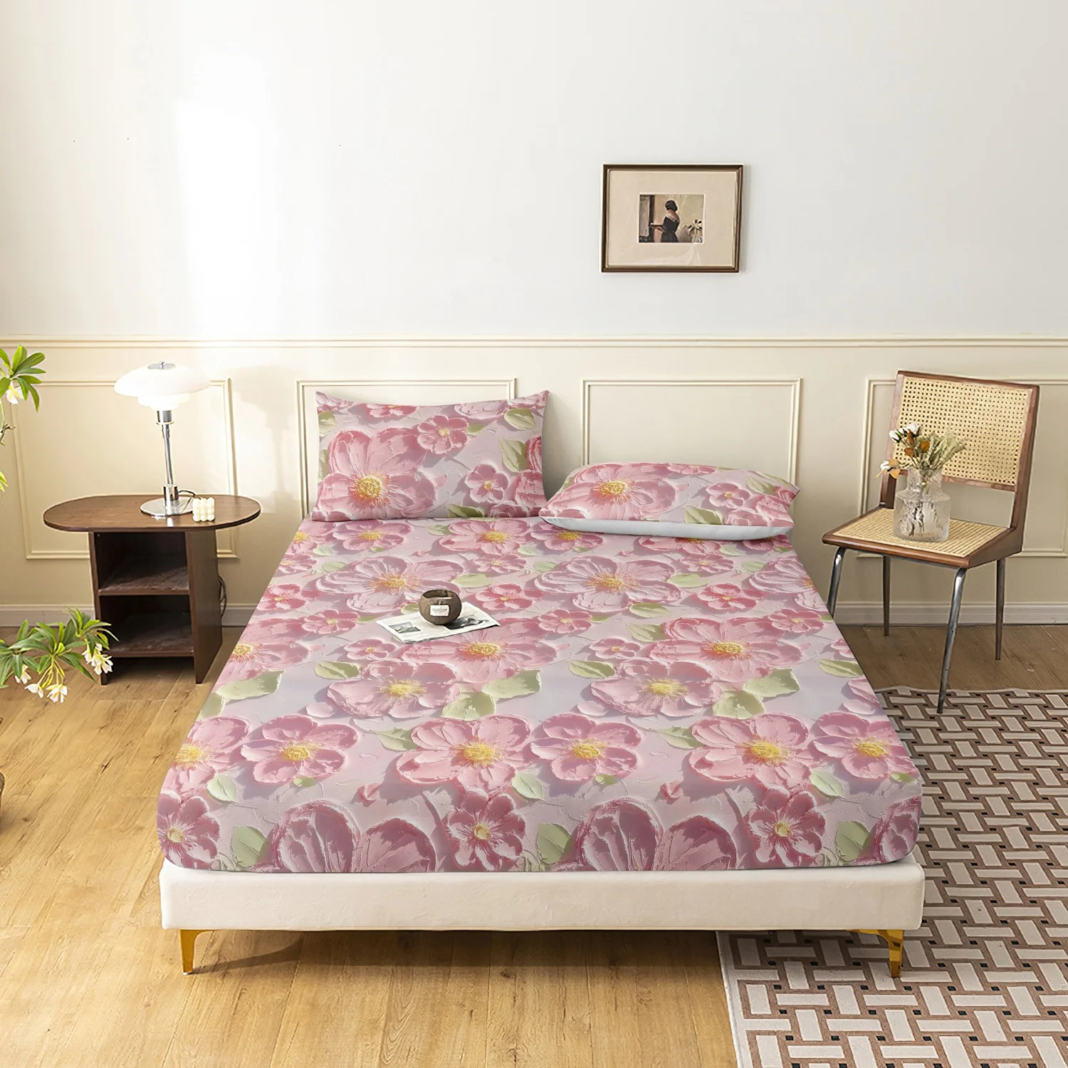 3Pcs Pink Large Floral Fitted Sheet Bedding Set, Light Pink Textured Pink Flower Print Bed Fitted Sheet, Aesthetic Bedroom Decor