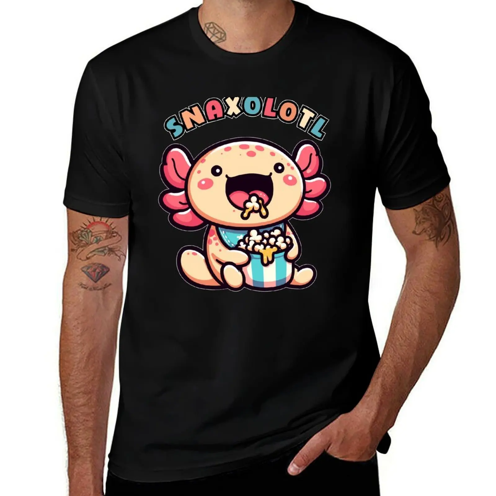 

Cute Kawaii pink axolotl eating popcorn Snaxolotl T-Shirt aesthetic clothes plus size clothes vintage luxury clothes men