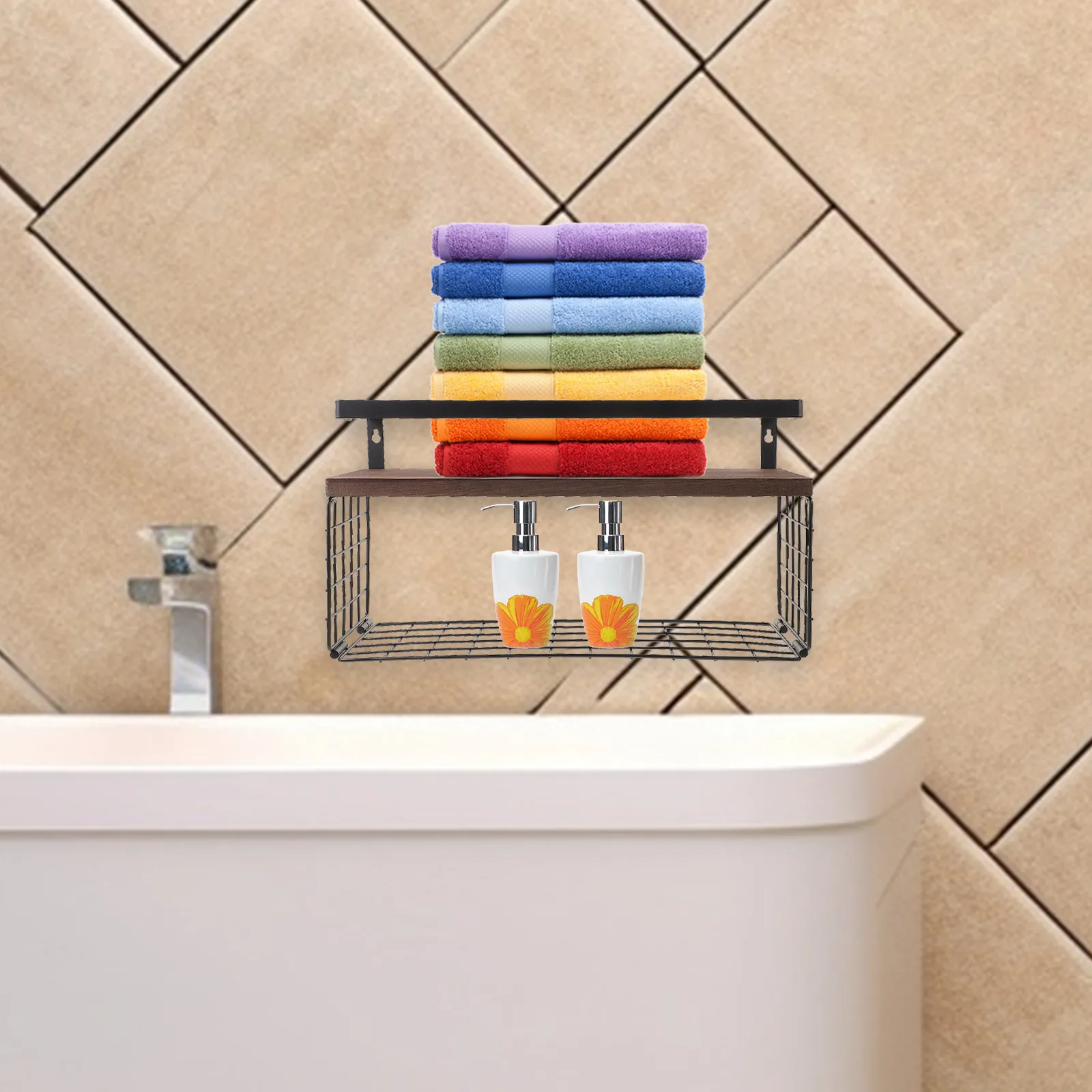 

Bathroom Wall Mounted Floating Shelf Wooden Storage Organizer Heavy Duty Rack with Metal Bracket and Basket for Towel Soap