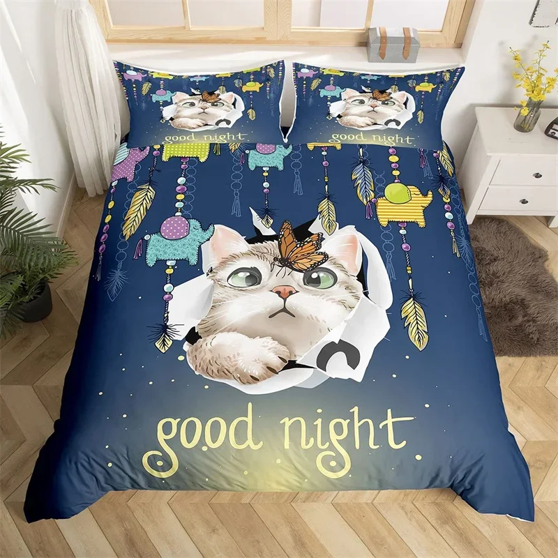 

Dreamcatcher Duvet Cover Cat Butterfly Quilt Cover Lovely Animal Bedding Set Microfiber Good Night Sweet Dream Bedspreads Cover