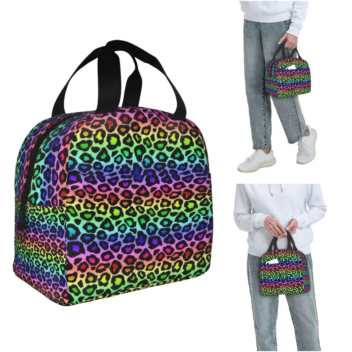 Colofrul Isolierte Lunchtasche mit Regenbogen-Leopardenmuster und Tierfell-Gepardenmuster für Damen und Kinder, Lebensmittelboxen, Thermo-Lunchbox-Tragetasche