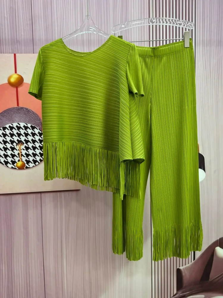 

Miyake Folds 2025 New Tassel Design Loose Irregular Top Skinny Wide Leg Pants Two-piece Set Women's