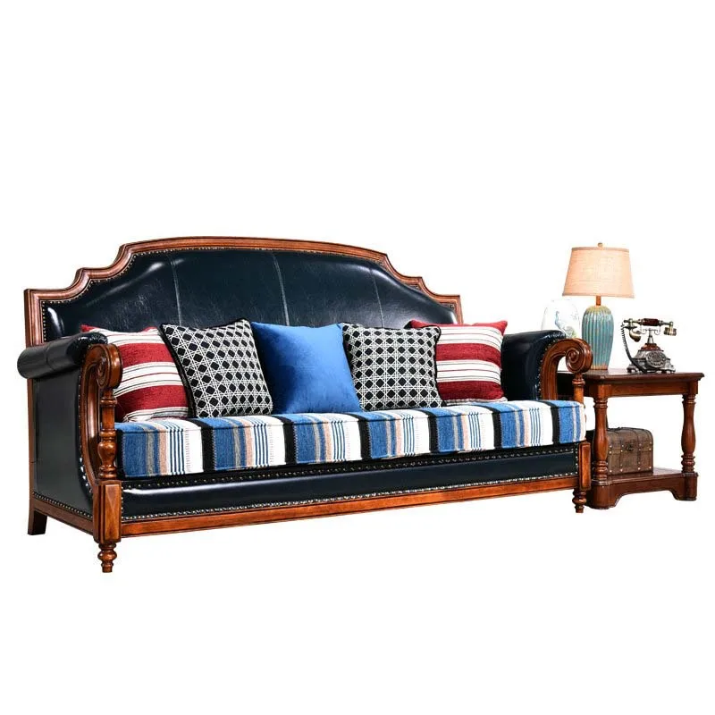 American retro solid wood leather sofa, rural large and small villa living room furniture