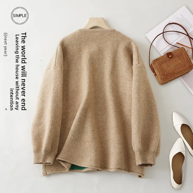 

Autumn New Loose Women's Knitted Cardigan Patchwork Color Blo Retro Sle Japanese Lazy Sle Long Sve Cotton Sweater