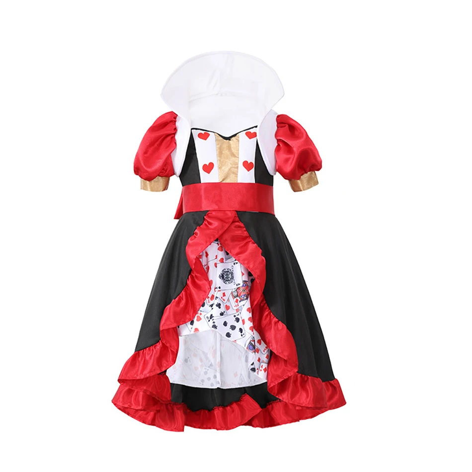 Halloween Costume for Queen of Hearts Children Poker Queen with Crown Necklace Girls Fairy Tale Stage Performance Costumes