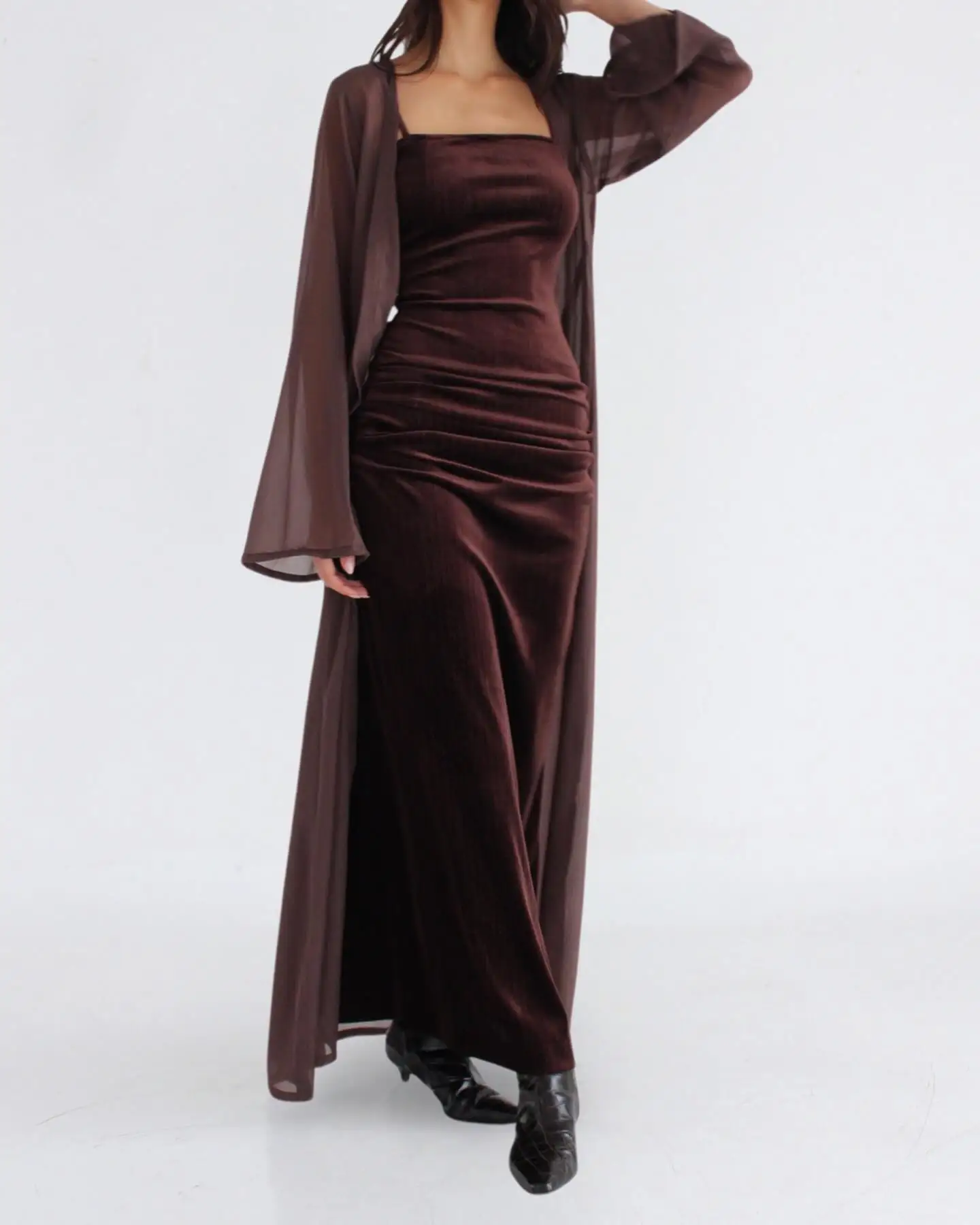 

Customized Mermaid Simple Brown Chiffon Evening Dress Formal Square Collar Long Sleeves Prom Dresses Fashion Party Gow