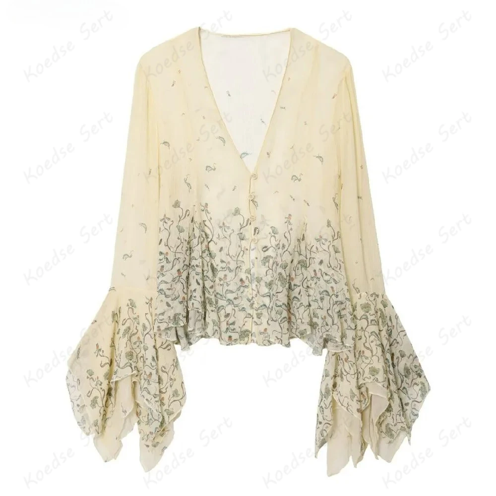 

Женская шифоновая рубашка BOHO с абрикосовым цветочным принтом и длинными оборками, расклешенными рукавами, v-образным вырезом и открытыми пуговицами, блузка-кимоно, перспективная накидка