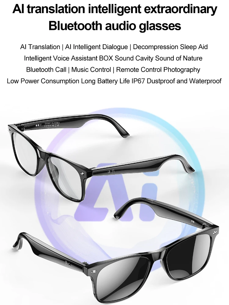 

Bluetooth-наушники, умные очки, перевод в реальном времени с искусственным интеллектом, воспроизведение музыки вызова, водонепроницаемые модные умные очки для мужчин и женщин