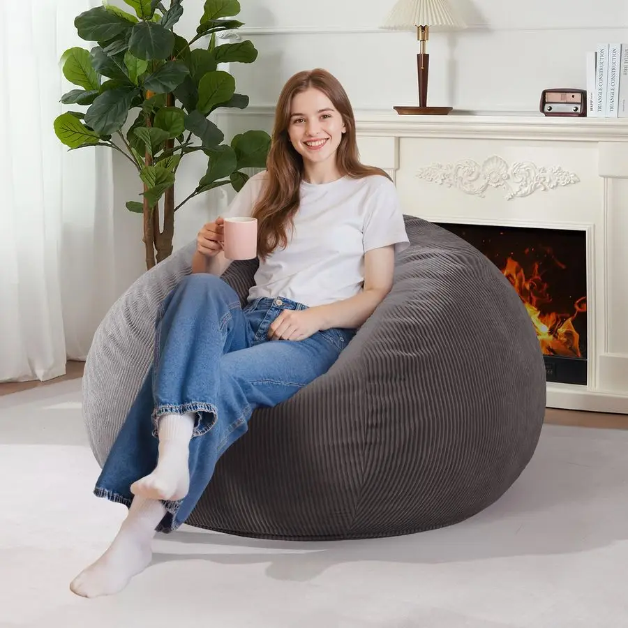 

3FT Bean Bag Chair Teardrop Bean Bags with Memory Foam Filled, Compact Beanbag Chairs Soft Sofa with Corduroy Cover Grey