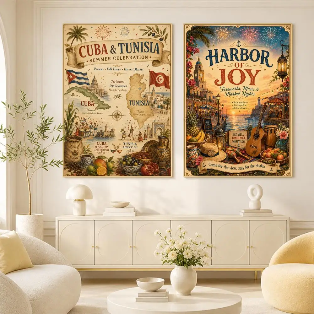 Cuba Tunisia Shared History Poster Living Room Bedroom Wall Decor Self-Adhesive Aesthetic Modern Vibe Stylish Gift For Friends