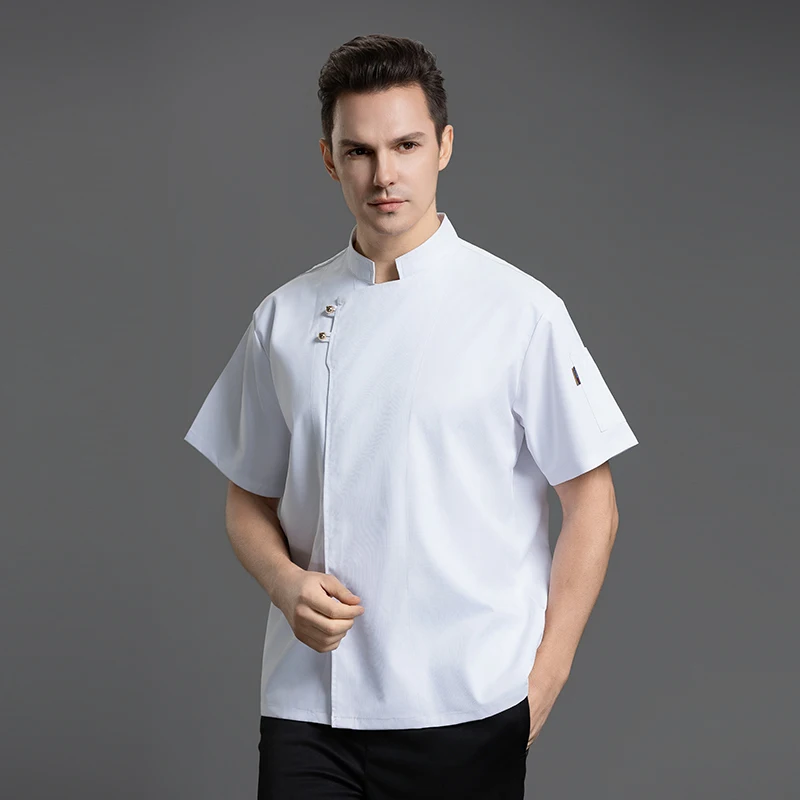 Uniforme de Chef respirável para homens, jaqueta cozinheiro para cozinha, padaria e restaurante, camisa estilo unissex para hotel e garçom, manga curta