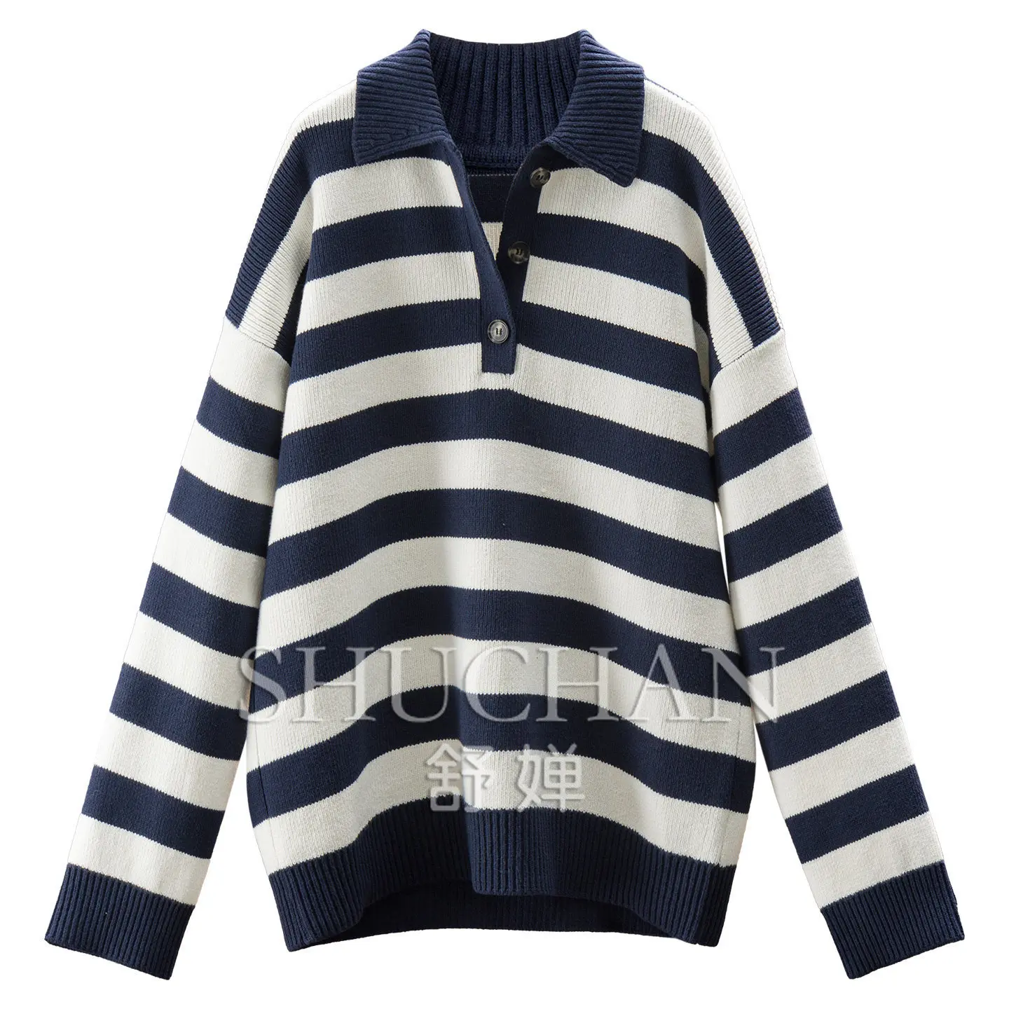 100% Cotton Pullover 980g Winter Thick Warm Retro Striped POLO Neck Sweater Women's E526 blusa de frio feminina