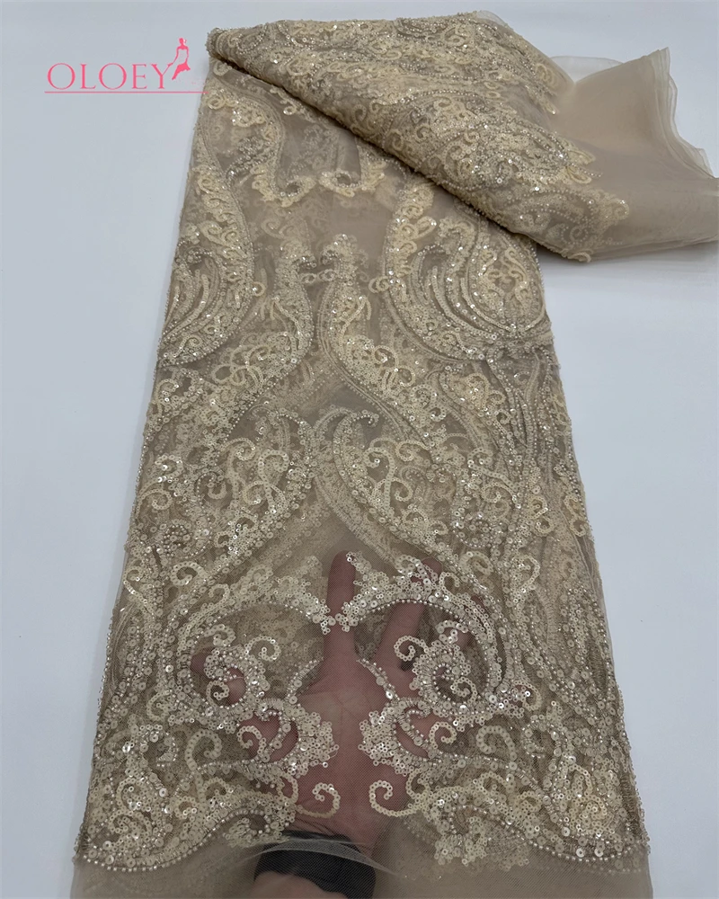 

OLOEY Luxury Nigerian Sequins Mesh Lace Fabric African Handmade Beaded Laces for Party Dress Sewing Latest