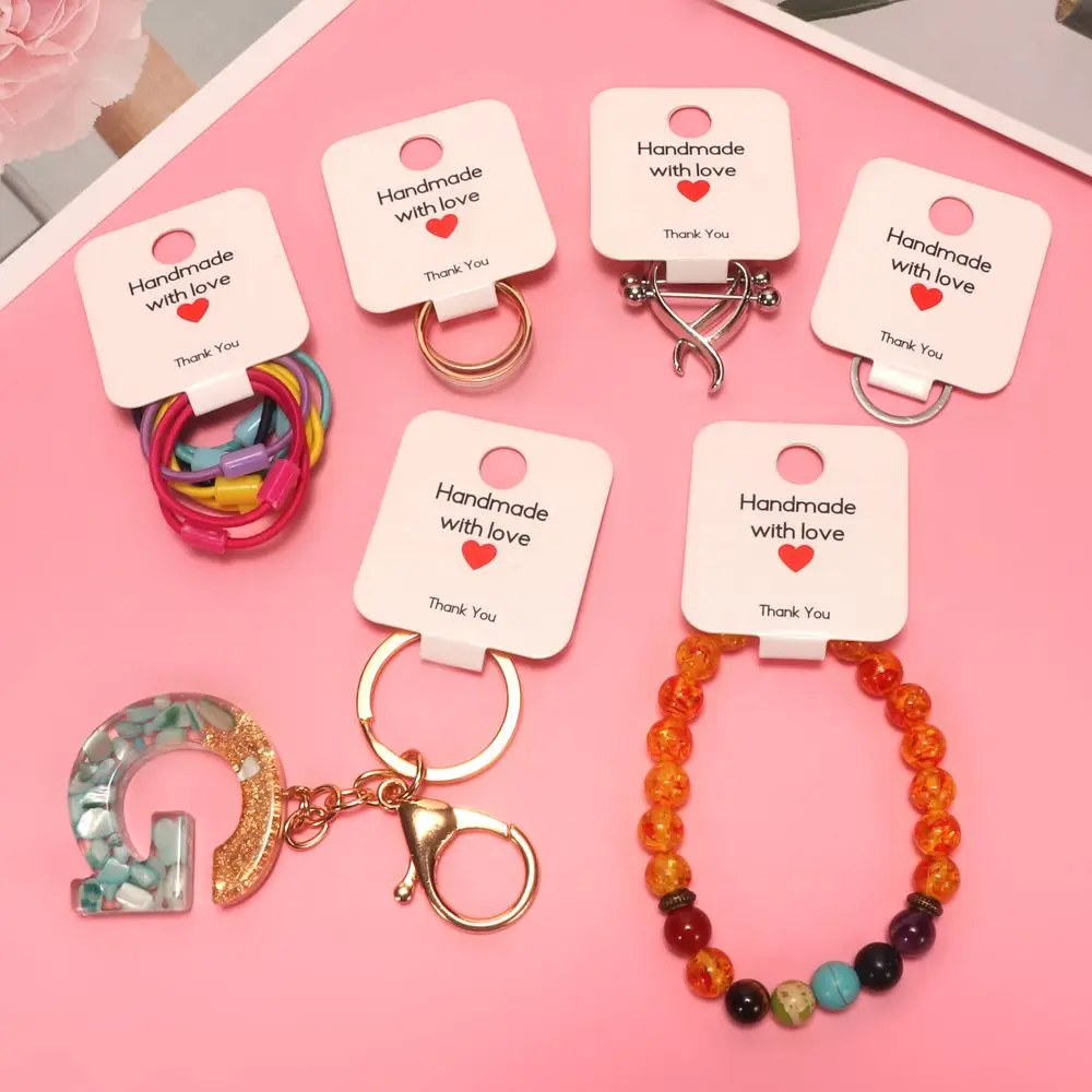 Tarjetas de agradecimiento autoadhesivas para joyería, paquetes pequeños de negocios, collar, pulsera, anillo, soporte hecho a mano con amor, 50
