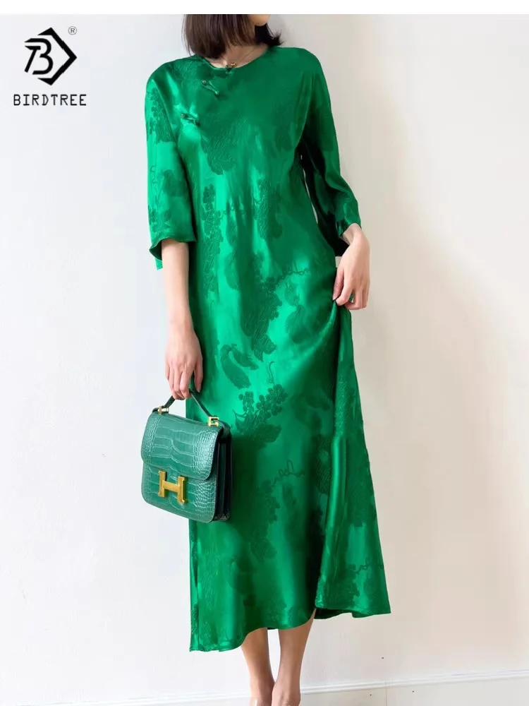 Birdtree verano 28MM 50% vestido de seda, falda de Color sólido con corte al bies de media manga de satén Jacquard para mujer, nuevo 2025 D56429JF