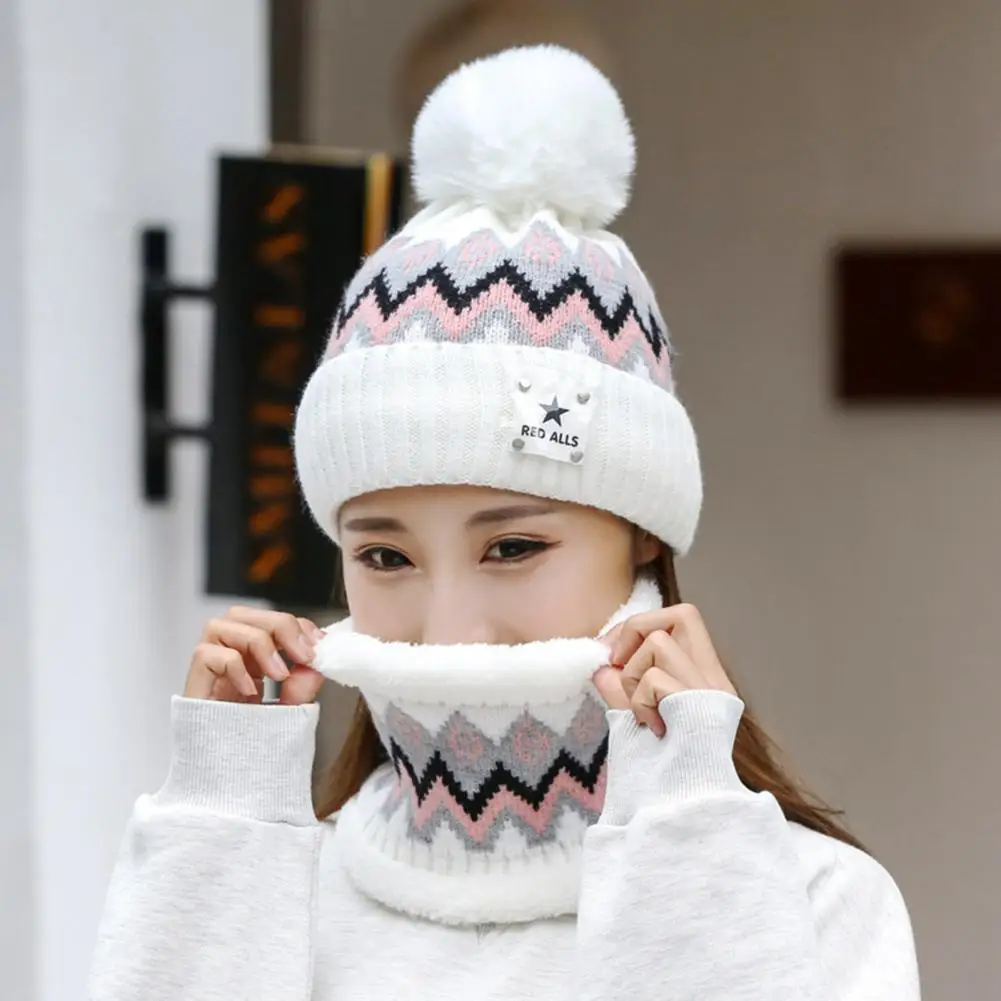 2Pcs/Set Women Hat Neck Warmer Knitted Star Labels Ear Head Neck Thickened Winter Beanie Cap Scarf Kit for Riding