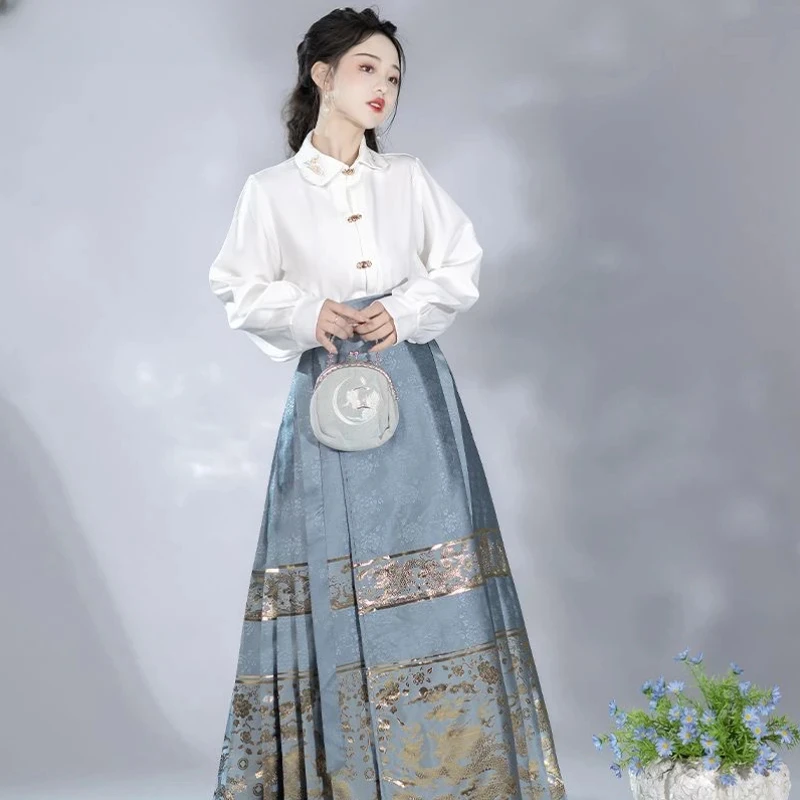 

Original Ming Dynasty Blue Horse Face Skirt Traditional Chinese Style Women Hanfu Dress Set Elegant Vintage Shirt 2pcs/Set