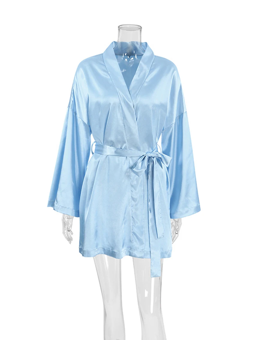 Marthaqiqi Casual Ladies Pajama Long Sleeve Robe Sexy V-Neck Sleepwear Lace Up Bathrobe Loose Mini Dress Blue Home Clothes Women