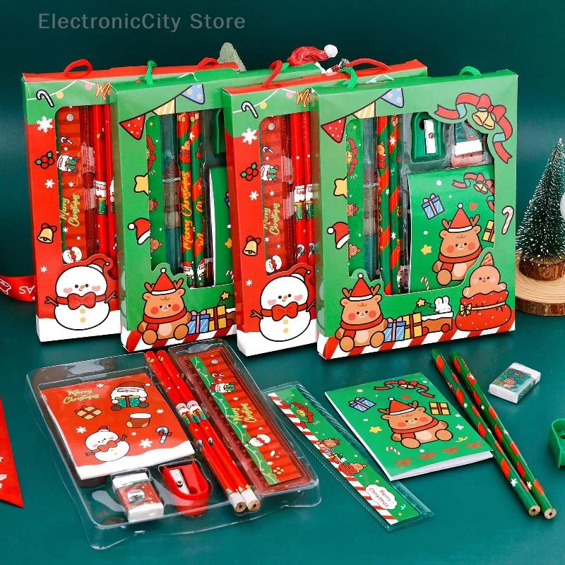 6Pcs Cartoon Christmas Pencil Sharpener Erasers Pencils Rulers Kawaii Children Stationery Set School Stationery Supplies