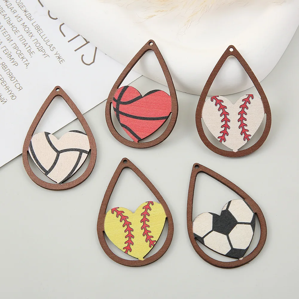 10pcs 6x4cm Big Hollow Waterdrop Sports Wood Charms Exaggerated Hearts Football Earring Keychain Pendant Jewelry Making For Diy