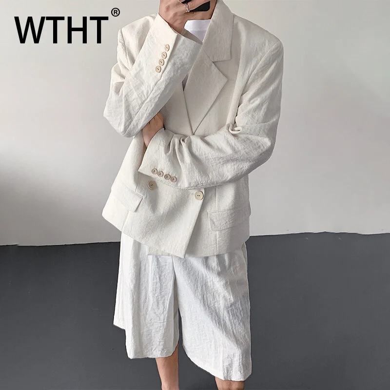 

WTHT Trendy Men's Suit Solid Color Lapel Long Sleeves Blazer Coats Casual High-waisted Loose Shorts Set Male 2025 Summer 2A1059