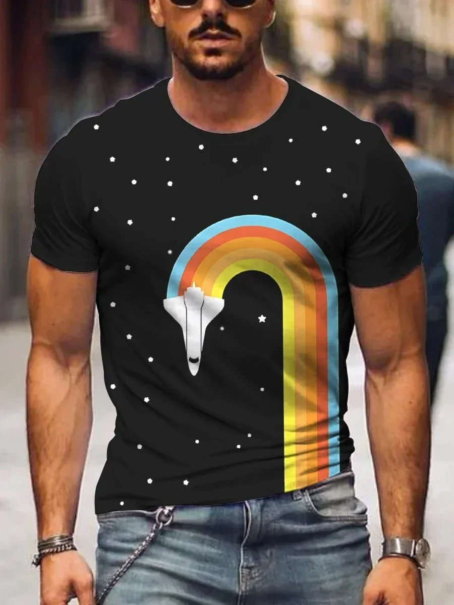 

2023 Summer Men's Printed Casual Crew Neck Short Sleeve T-Shirt Airplane Star Rainbow Print Casual T-Shirt 3D Printed T Shirt