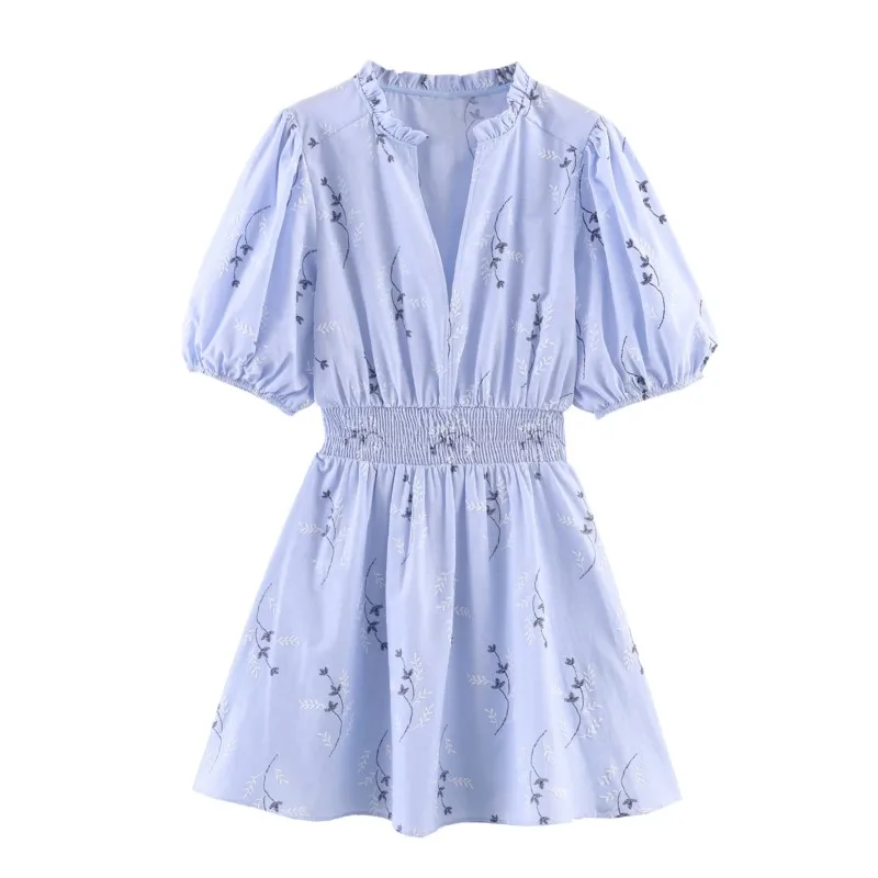Women's Thread Embroidered Printed Dress Summer V-neck Ruffle Elastic Waist A-line Dress Casual Fashion Female  Mini Dresses