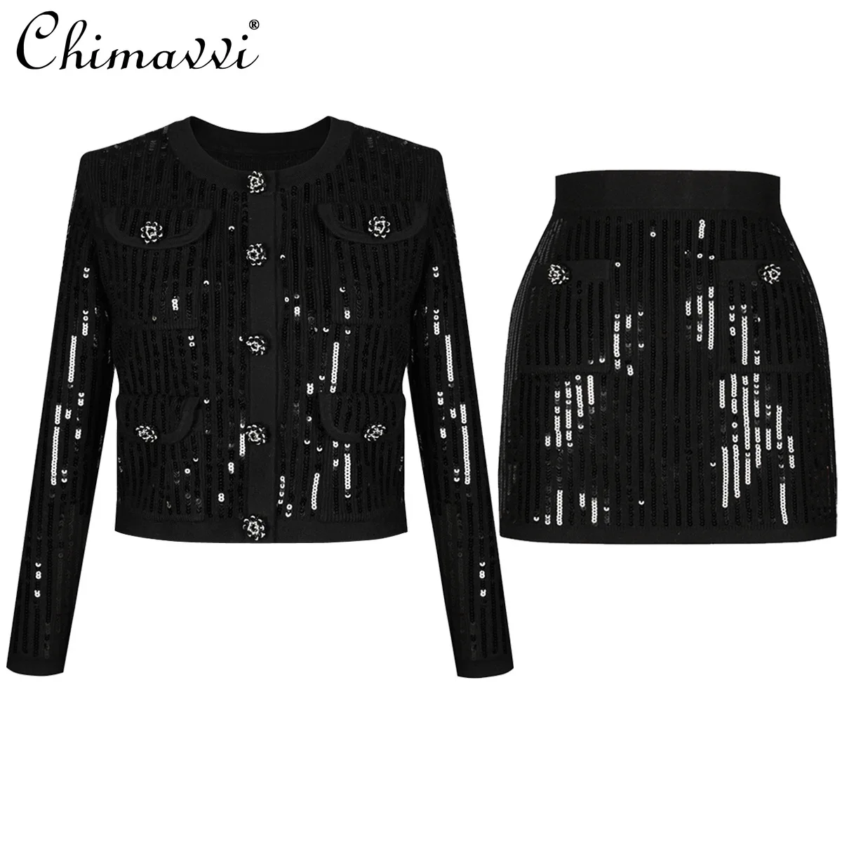 French Elegant Socialite Heavy Industry Sequins Single-breasted Knitted Tops High Waist Hip-wrapped Skirts Two-piece Sets Women