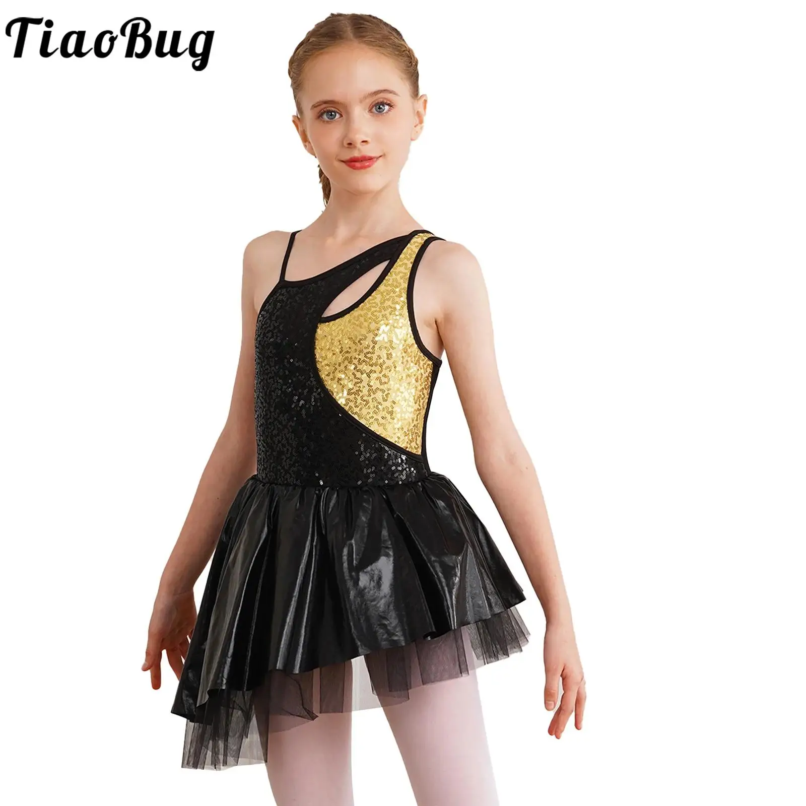 Kids Girls Ballet Gymnastics Leotards Dress Sleeveless Shiny Sequins Tulle Figure Skating Dance Costumes Jazz Cha-cha Dancewear