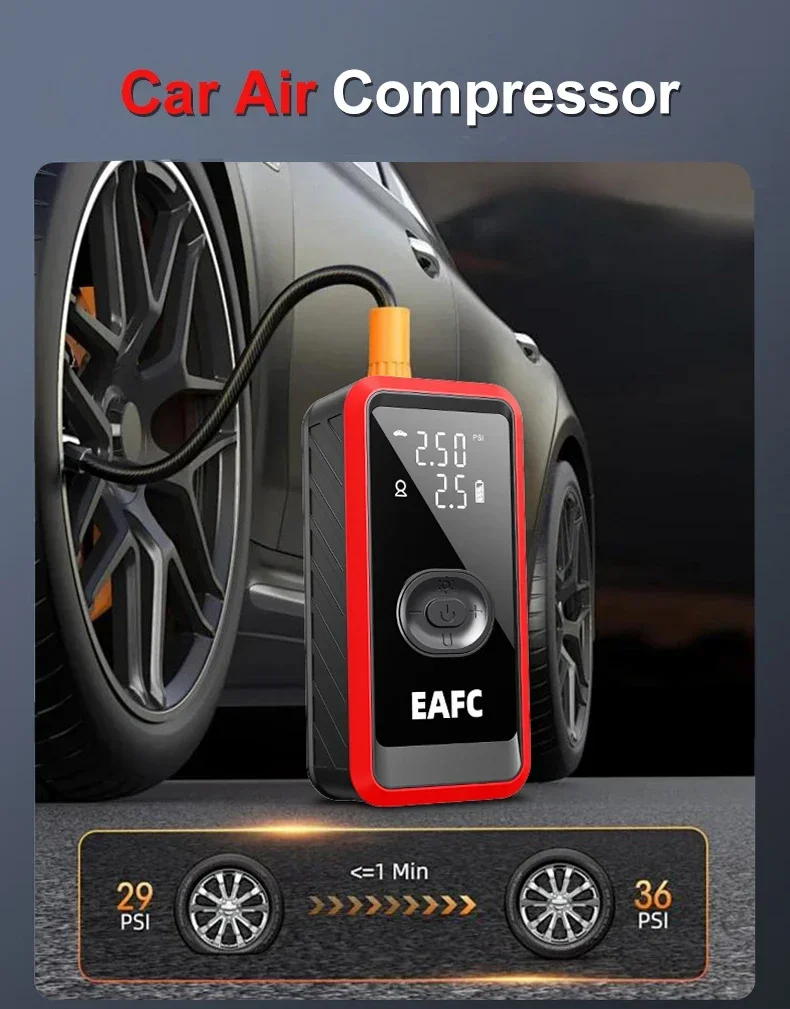 EAFC Neueste kabellose Luftpumpe für Autos, Luftkompressor, Reifenballaufpumper, LED-Licht, Reifenfüller, 150 PSI, elektrisch, für Autos, Motorräder, Fahrräder – Detail 3