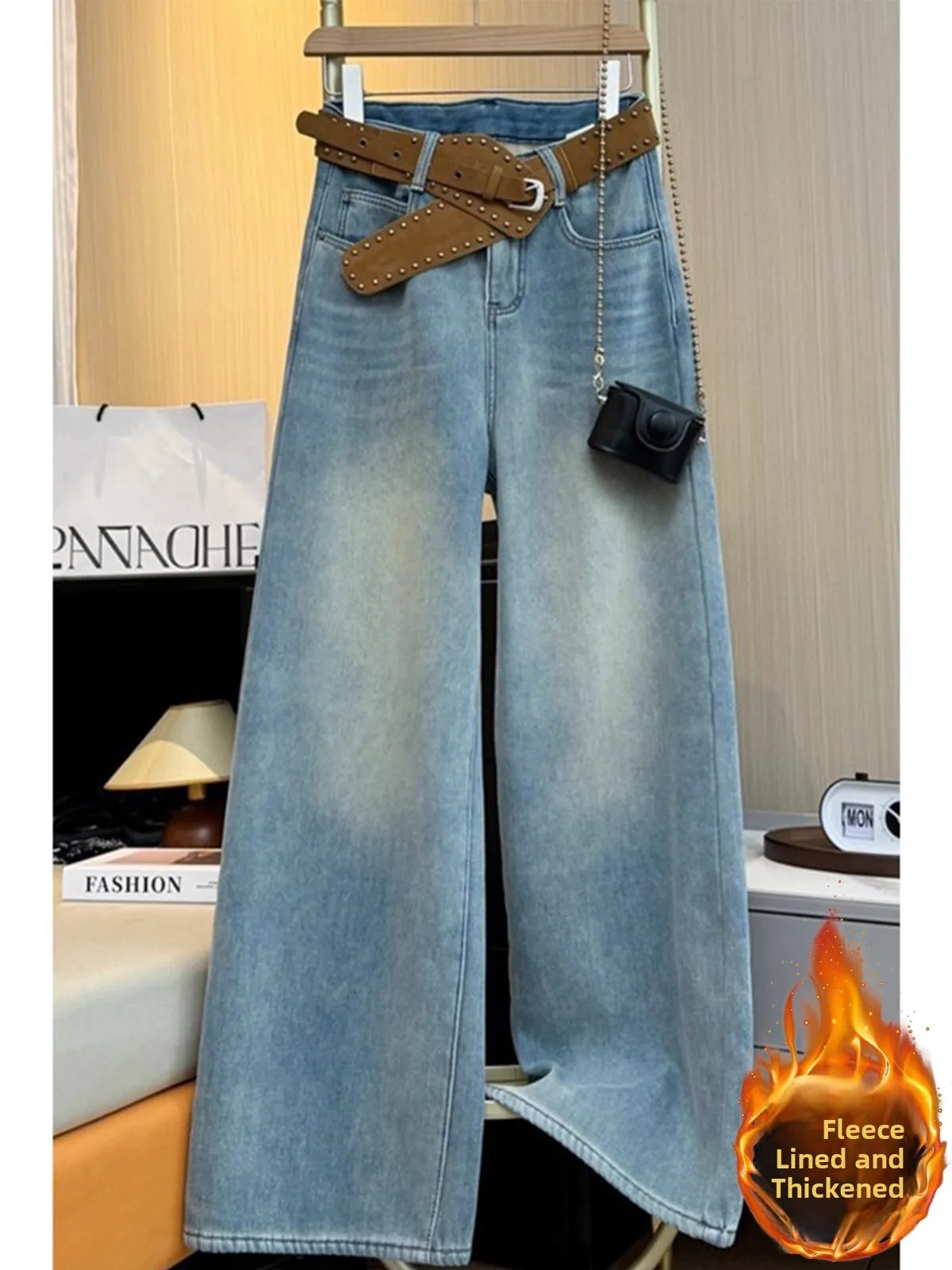 

Ретро-синие джинсы с флисовой подкладкой, широкие, прямые, с высокой талией, для женщин, осенне-зимние, новые, удлиненные