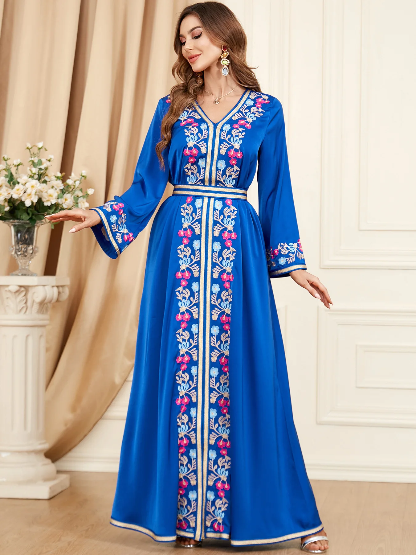 Autumn Embroidery Dress for Women Muslim Jalabiya Abaya V Neck Lace-up Long Dresses Woman Kimono Robe Moroccan Caftan Vestidos