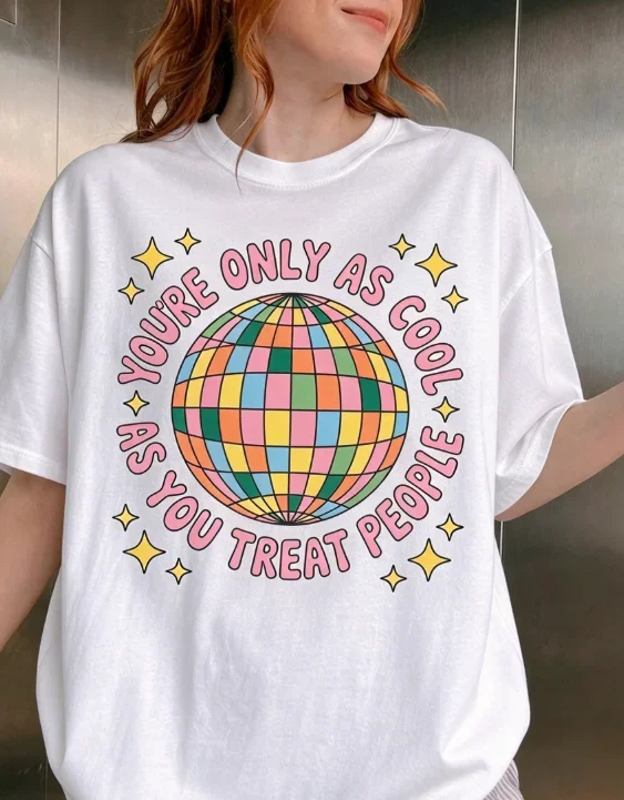 2026 New Arrival Women Retro Disco Graphic Tee Youre Only As Cool As You Treat People Kindness Letter Print Casual Round Neck Short Sleeve Daily Wear Basic Top T-Shirt