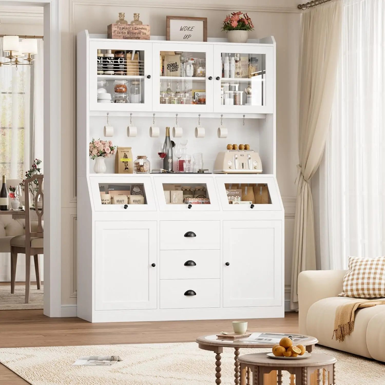 Farmhouse Kitchen Hutch Cabinet in White, Glass Doors & Metal Hooks, Bread Storage