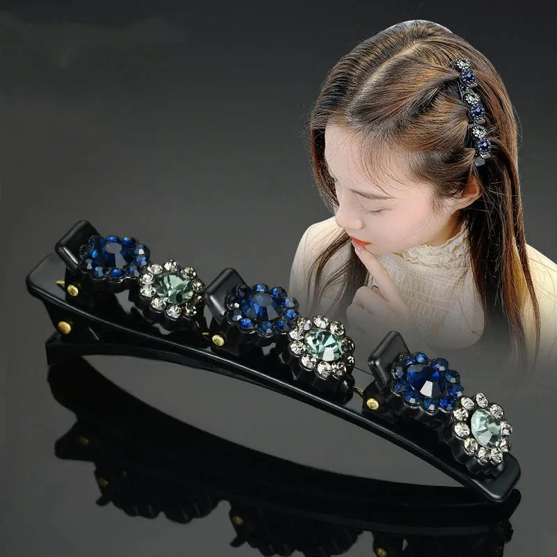 Fashion Sparkling Crystal Stone Braided Hair Clips Elegant Sweet Flower Barrette Side Clips Hair Accessory For Women Girls