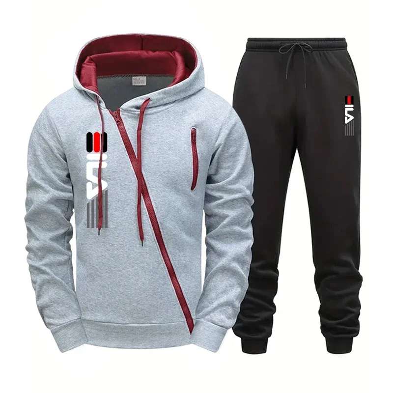 Men's zippered hooded sweatshirt + sweatpants 2-piece gym set for autumn and winter outdoor casual fitness jogging fashion