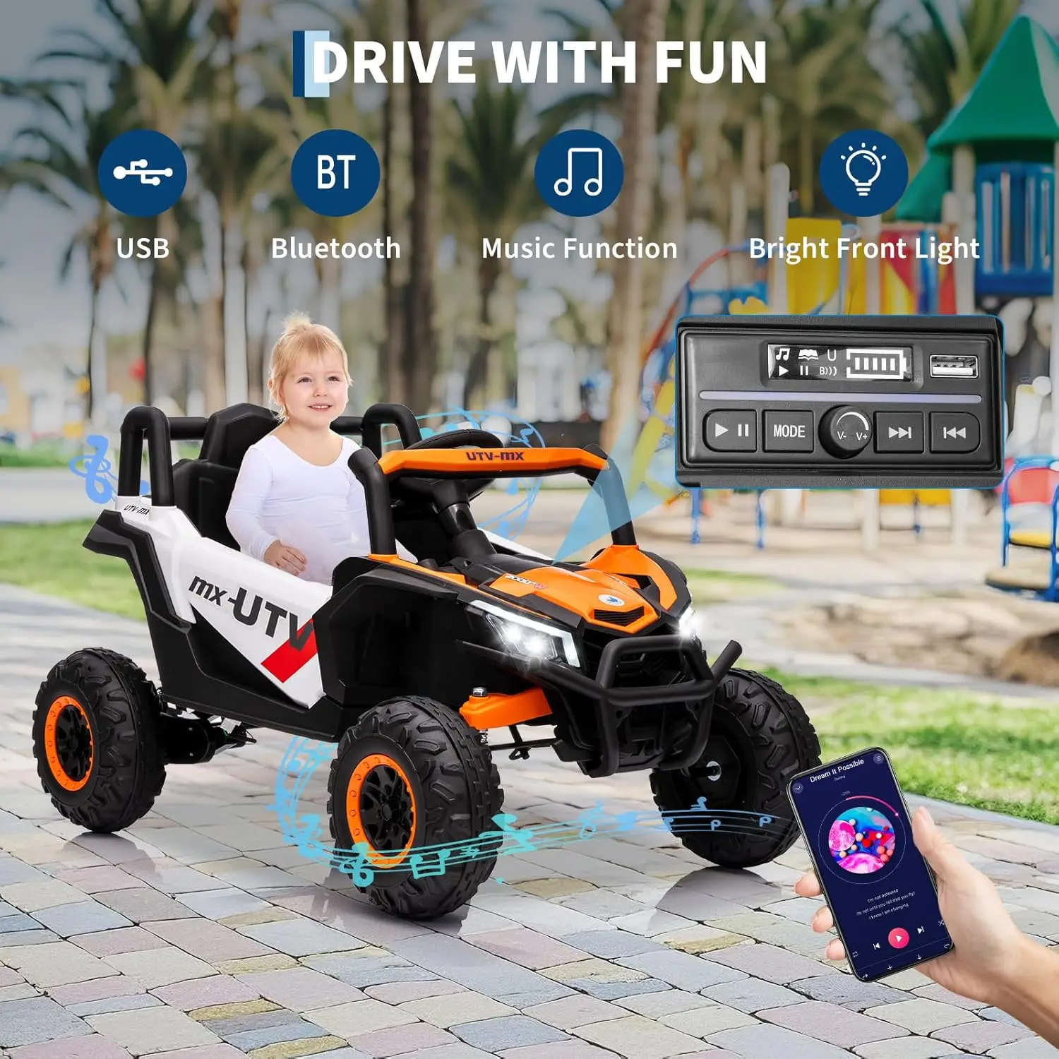 Auto per bambini da 12 V, camion UTV con telecomando, commutabile 4WD/2WD, veicolo elettrico con sospensione a 4 molle per età 3-8 anni