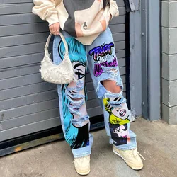 Le donne 2023 New Street Fashion INS Network Red American individualed Girls' Graphic Print pantaloni in Denim mendicante perforato