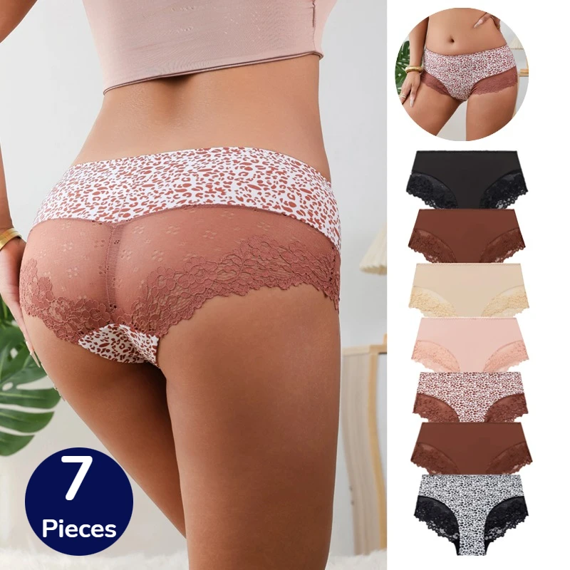 

TrowBridge 7 шт./компл. женские трусики с леопардовым принтом, кружевные трусы, дышащее женское нижнее белье, атласное сексуальное женское белье, милые уютные трусы Ho