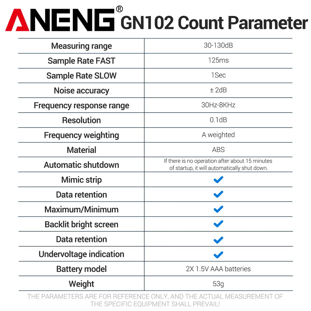 Aneng gn102 sensor de alta precisão medidor de ruído 30-130db ruído ambiente à prova de vento esponja capa dobrar ferramentas de medição de retenção de dados