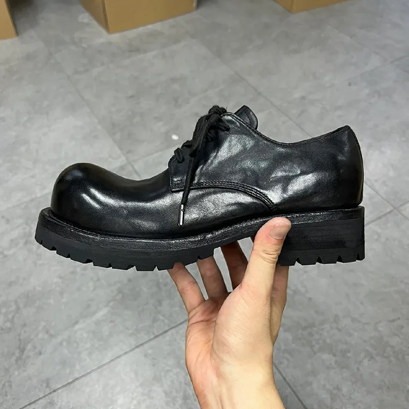 26 Retro Black Derby Women Boots Big Round Toe Men Lace Up Square Heel Height Increasing Soft Casual Leather Shoes High Quality