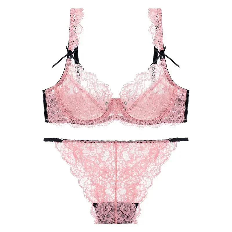 

KUCLUT Sexy Transparent Ultra-thin Lace Lingerie Set Women Gather Underwear Bra Summer Solid Sweet Bow Decor Soft Underwire
