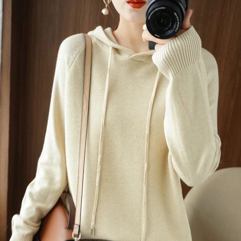 Hooded Sweater Women Autumn Winter Long Sleeve Warm Drawstring Solid Casual Pullovers Knitted Tops Korean Fashion Jumper 2025