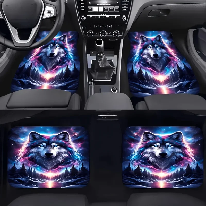 

4pcs Wolf Print Car Floor Mat Set, Fashion Polyester Seat Cover, Universal Size, Non-slip Car Interior Accessories, Vehicle Carg