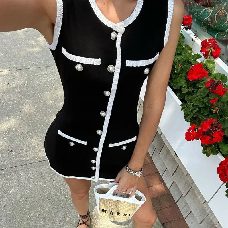 ニットハイウエストパッチワークミニドレス女性のエレガントなノースリーブニットドレス新ファッションポケットカーディガンミニドレス