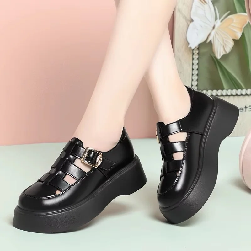 

Винтажные туфли на массивной платформе с толстой подошвой 5 см, сандалии из мягкой кожи с дышащим вырезом, летние сандалии на среднем квадратном каблуке 2023 г.