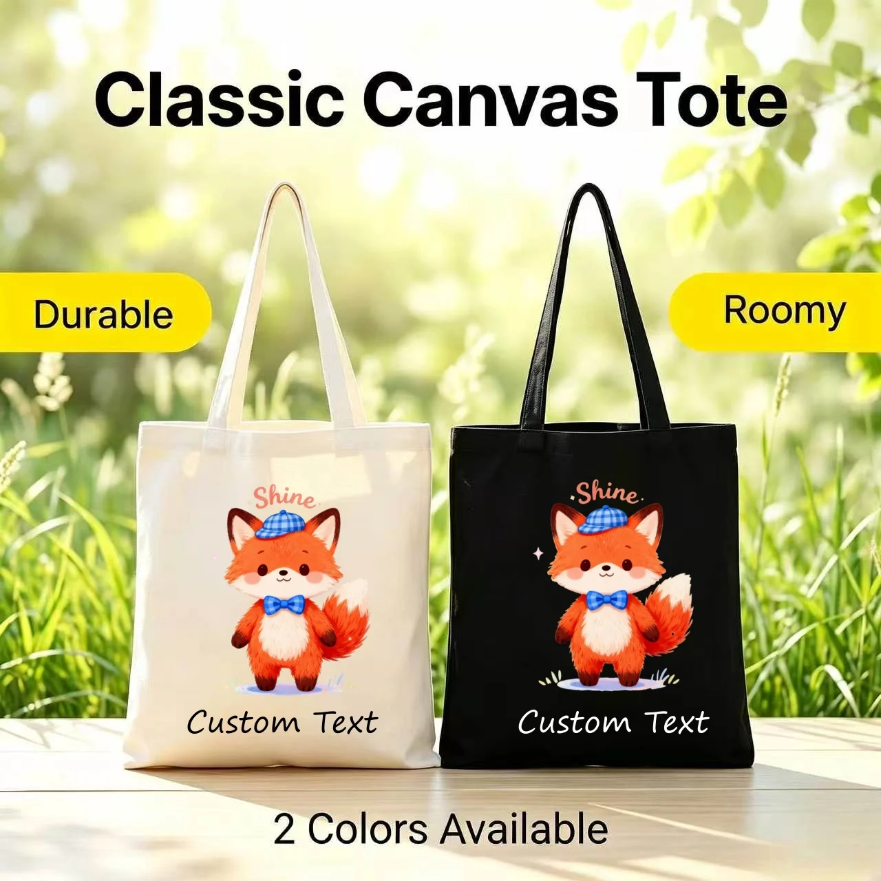 1PC Custom Text Canvas Tote Bag, Cute Cartoon Red Fox With Blue Beret Bowtie Print Reusable Shopping Shoulder Handbag