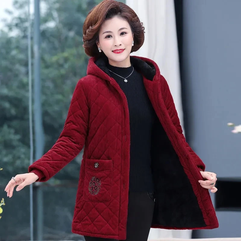 

Women Jacket Winter Fleece Thick Corduroy Outerwear Parker Female Hooded Cotton Padded Coat Mother Clothes Women Basic Coats 5XL