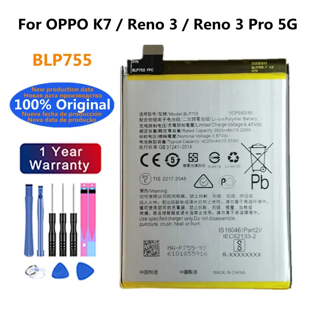 New 100% Original 4025mAh BLP755 Battery For OPPO K7 / Reno 3 / Reno 3 Pro 5G High Quality Phone Battery Batteries Bateria+Tools